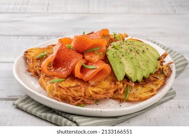 Fried Potato Pancakes With Salmon And Sour Cream, Fritter, Roesti, Golden Crispy Crust. Traditional Delicious Food, Breakfast