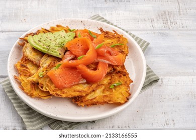 Fried Potato Pancakes With Salmon And Sour Cream, Fritter, Roesti, Golden Crispy Crust. Traditional Delicious Food, Breakfast