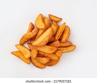 fried potato wedges on white background