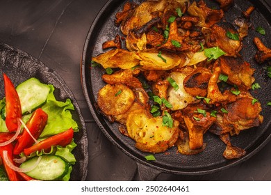 Fried potatoes with chanterelle mushrooms in a cast-iron pan on a dark table with tomatoes and herbs on a plate and lingonberries in a bowl. High quality photo - Powered by Shutterstock