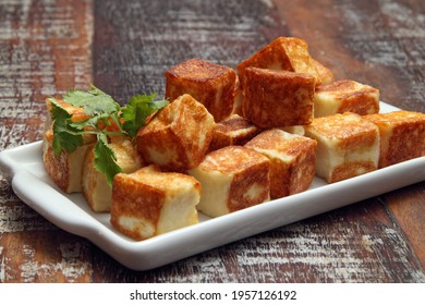 Fried Rennet Cheese Cubes In Bowl