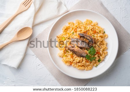 Fried Rice with Canned Mackerel.Thai style fusion food.Top view