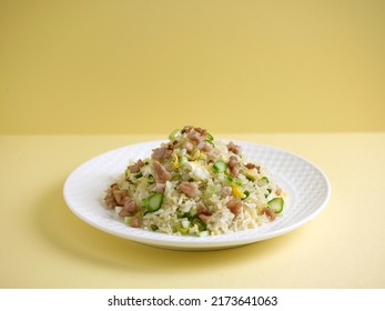 Fried Rice With Salted Fish And Diced Chicken Served In A Dish Side View On Grey Background