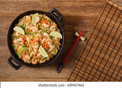 Fried Rice With Shrimp In Thai. Prepared In Wok. Top View.