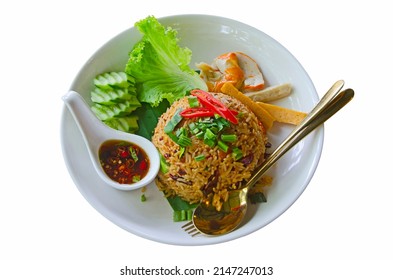 Fried Rice And Vegetables With Fish Sauce In Spoon In White Dish