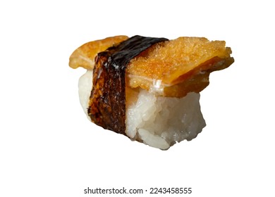 fried salmon skin nigiri, isolated on white background