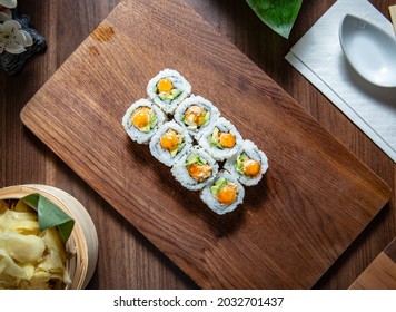 Fried Salmon Ura Maki On Wooden Plate!