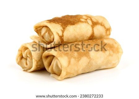 Fried Savory pancake rolls stuffed with ground meat, isolated on white background. High resolution image