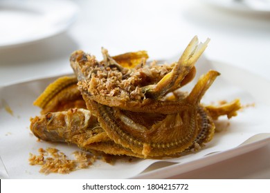 Fried Sheatfishes With Garlic And Pepper Served On A White Square Plate Apply With Wax Paper To Absorb Excess Oil. It Is A Very Popular Food Item In Thailand.