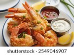 Fried Shrimp: Crispy, golden shrimp coated in a light batter, served with tangy cocktail or tartar sauce.