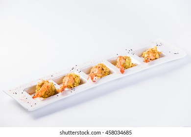 Fried Shrimp In The Sauce In A White Plate On A White Background