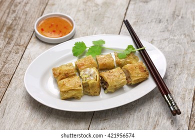 Fried Shrimp Tofu ( Bean Curd ) Skin Rolls, Chinese Dim Sum Food