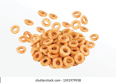 Fried and Spicy Mini Ring Snacks or Fryums (Snacks Pellets) Salty Corn Rings Snack, in a white background. selective focus - Image