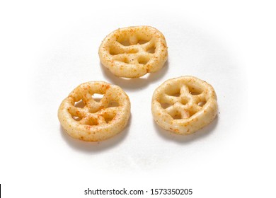 Fried and Spicy wheel Snacks or Fryums (Snacks Pellets) Isolated White background. selective focus - Image
