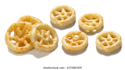 Fried and Spicy wheel Snacks or Fryums (Snacks Pellets) Isolated White background. selective focus - Image