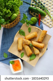 Fried Spring Rolls Or Egg Rolls ( Por Pia Tord) With Sweet Chili Sauce On The Marble Background- Top View