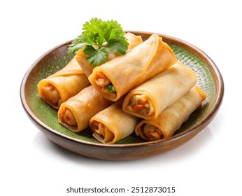 Fried Spring rolls food in ceramic plate, Chinese Traditional, Vegetarian food Festival, isolated on white background. clipping path - Powered by Shutterstock