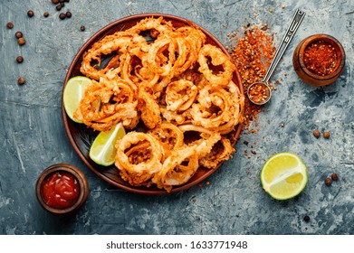 Fried Squid Or Calamari Rings With Sauce.Fast Food