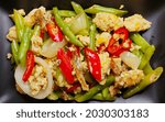 Fried String beans with scrambled egg and anchovies