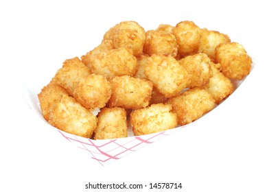 Fried Tater Tots In Basket.  Isolated On White Background.