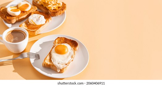 Fried Toast Bread With Four Different Types Of Cooked Chicken Eggs, Scrambled Eggs, Fried Eggs, Poached Egg And Creamed Egg. Breakfast Of Chicken Eggs. 