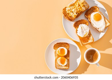 Fried Toast Bread With Four Different Types Of Cooked Chicken Eggs, Scrambled Eggs, Fried Eggs, Poached Egg And Creamed Egg. Breakfast Of Chicken Eggs. 