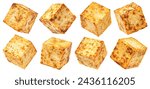 Fried tofu cubes isolated on white background