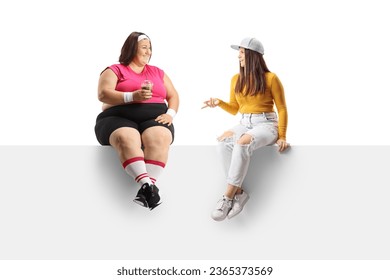 Friend giving an advice to a corpulent woman seated on a white panel isolated on white background - Powered by Shutterstock