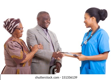 friendly african nurse hand shake with senior patient and wife on white background