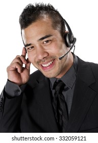 Friendly Asian Man With Short Black Hair In Business Formal Outfit Using Headset - Isolated