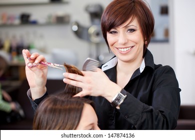Friendly attractive hairstylist with a beautiful beaming smile cutting a womans hair in a professional hair salon