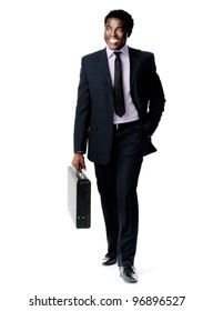 Friendly Black Businessman Walking With His Briefcase Smiling And Happy