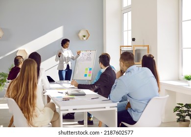 Friendly Business Woman Talks About New Marketing Strategy During Office Meeting. Male And Female Colleagues Sit At Long Table And Listen To Dark-skinned Woman Standing At Whiteboard And Talking.