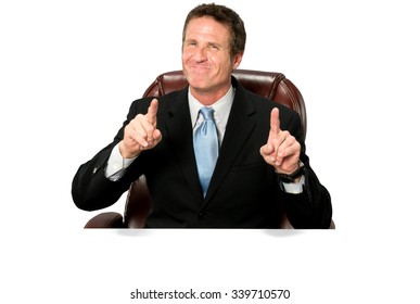 Friendly Caucasian man with short medium blond hair in business formal outfit pointing using finger - Isolated