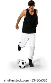 Friendly Caucasian Young Man Kicking Soccer Ball - Isolated