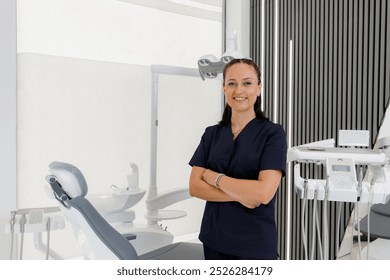 A friendly dental professional stands confidently in a modern clinic ready to assist patients - Powered by Shutterstock