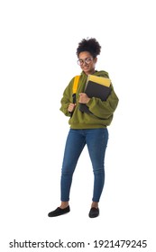 Friendly Ethnic Black Female High School Student In Eyeglasses With Backpack And Composition Book Isolated On White Background, Full Length Portrait