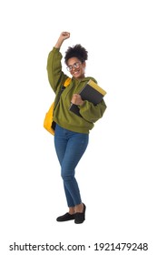 Friendly Ethnic Black Female High School Student In Eyeglasses With Backpack And Composition Book Isolated On White Background, Full Length Portrait