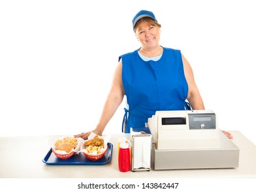 Friendly Fast Food Worker Serves Food And Runs The Cash Register.  White Background.