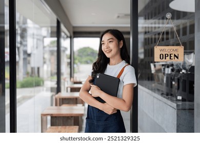 Friendly Female Barista Standing at Cafe Entrance Welcoming Customers with a Smile, Holding a Tablet in a Modern Coffee Shop - Powered by Shutterstock