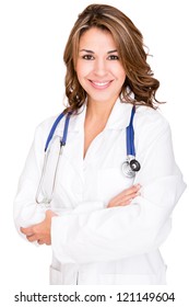 Friendly Female Doctor Smiling - Isolated Over  White Background