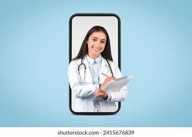 Friendly female doctor in white uniform with stethoscope and clipboard, writing prescription to patient and smiling at camera, looking coming out huge cellphone screen - Powered by Shutterstock