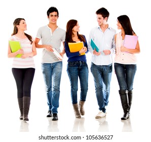 Friendly Group Of Students Talking  - Isolated Over A White Background