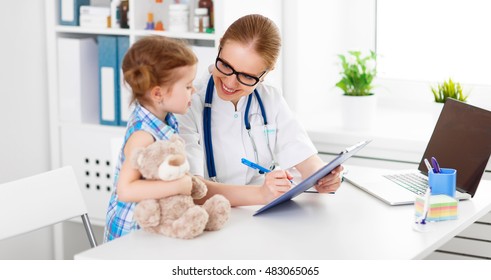 Friendly Happy Doctor Pediatrician With Patient Child Girl In Office At Clinic