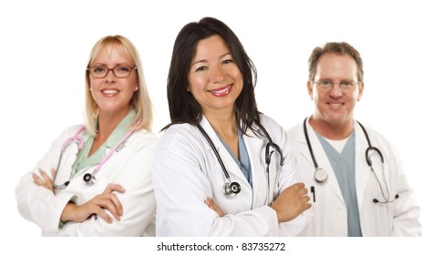 Friendly Hispanic Female Doctor And Colleagues Isolated On A White Background.