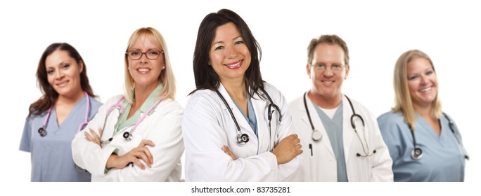 Friendly Hispanic Female Doctor And Colleagues Isolated On A White Background.