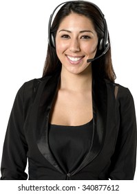 Friendly Hispanic Young Woman With Long Dark Brown Hair In Casual Outfit Using Headset - Isolated