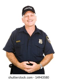 Friendly, Jovial Police Officer Isolated Against A White Background.