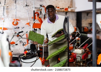 Friendly Man Deciding On Artificial Turf From Assortment In Garden Equipment Shop