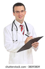 Friendly medical doctor with paper pad, smiled. Isolated